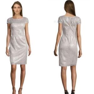 NEW Adrianna Papell Silver Mesh Feather Sequined Sheath Formal Mini Dress Size 4